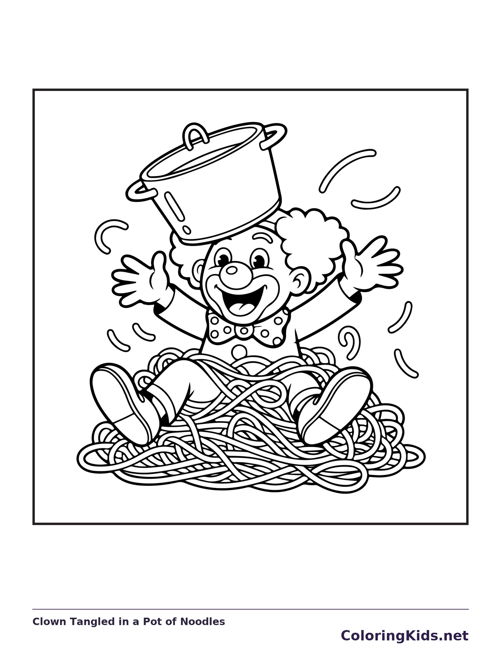 Clown tangled in noodles beneath cooking pot, black-and-white line art