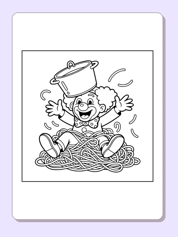 Clown tangled in noodles beneath cooking pot, black-and-white line art