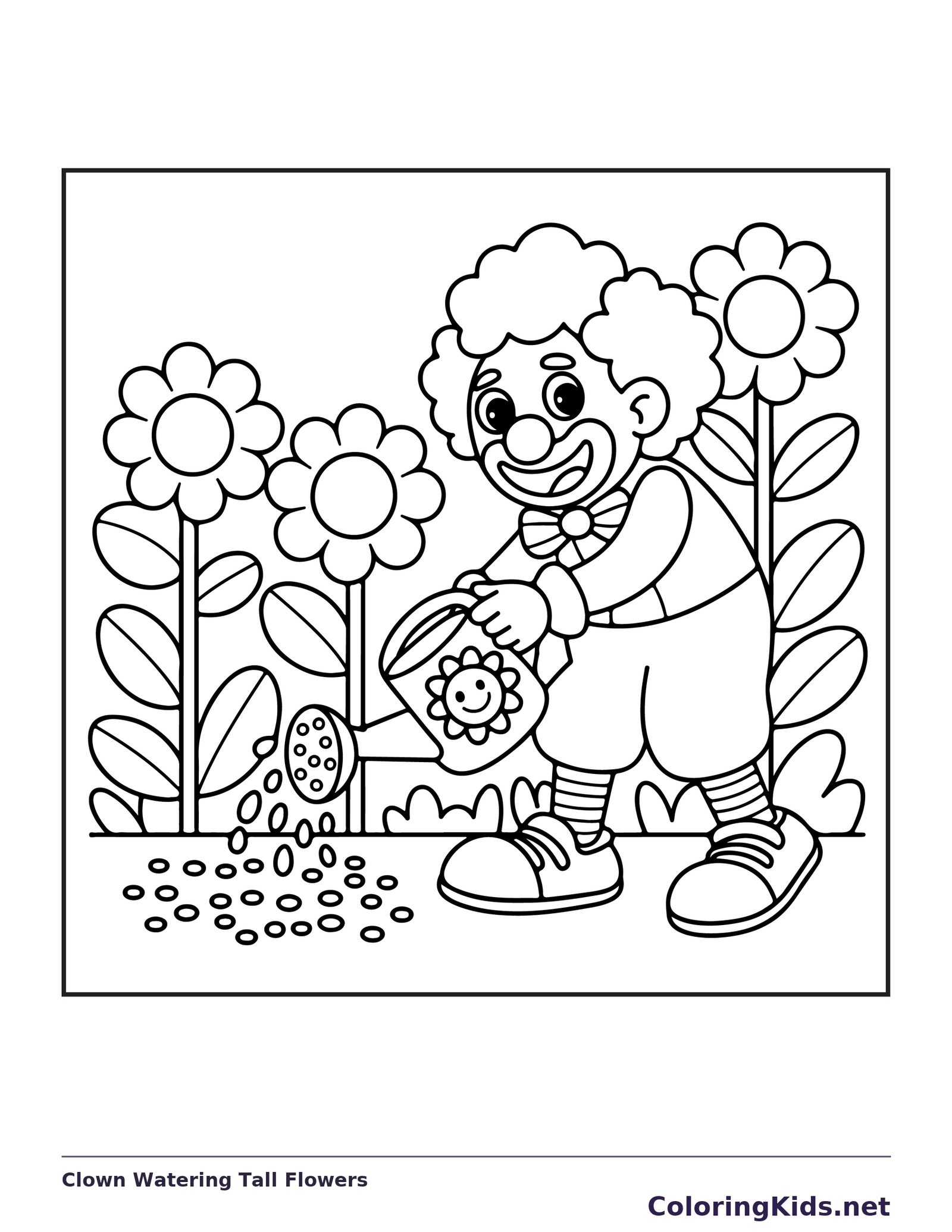 Clown watering tall flowers with patterned can, black-and-white line art