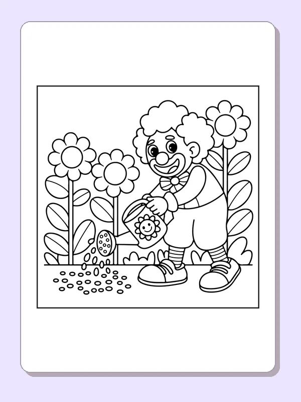 Clown watering tall flowers with patterned can, black-and-white line art