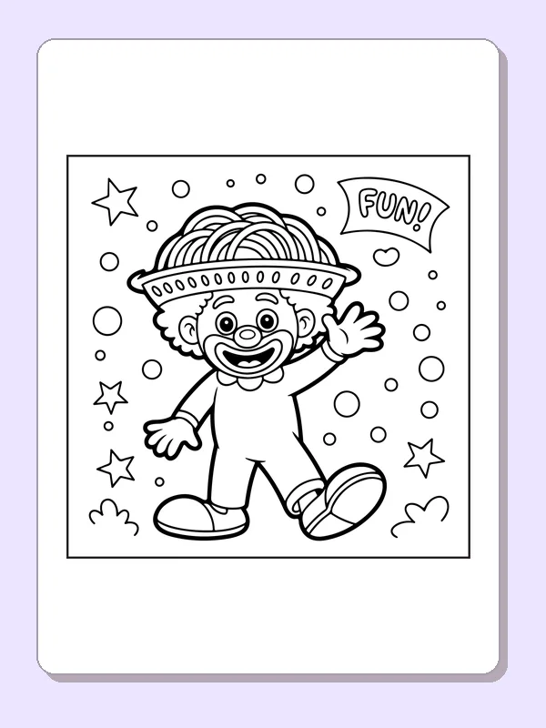 Clown wearing noodle bowl as a hat with stars around, black-and-white line art