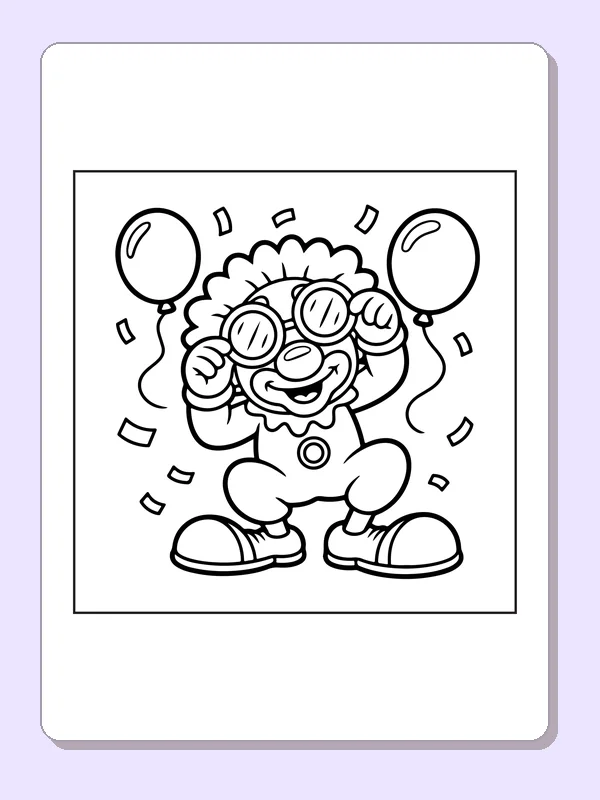 Clown wearing party glasses beneath balloons and confetti, black-and-white line art