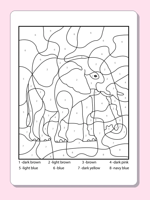 Black and white printable elephant number puzzle coloring sheet