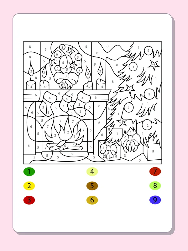 Black and white printable fireplace and stockings number puzzle coloring sheet