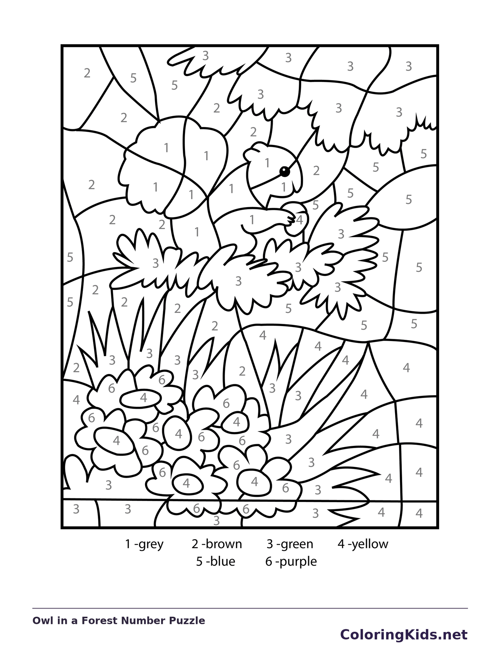 Black and white printable owl in a forest number puzzle coloring sheet