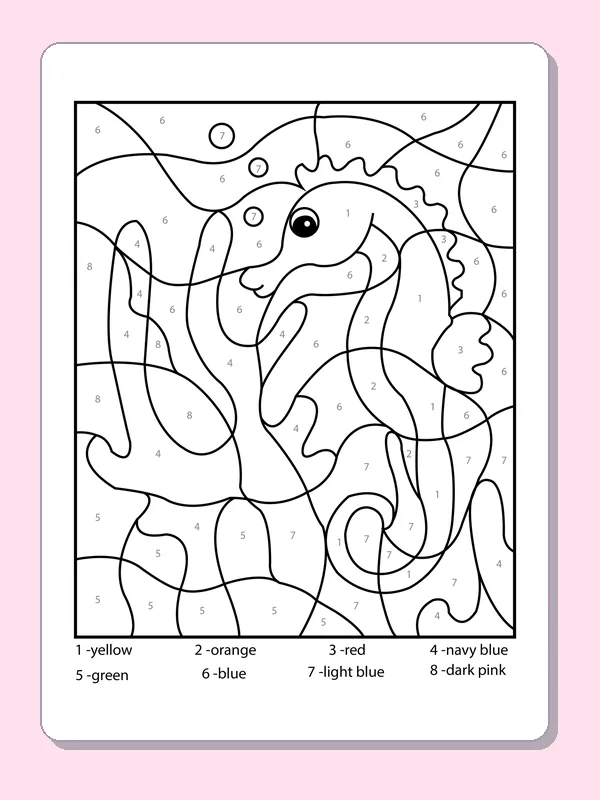 Black and white printable seahorse number puzzle coloring sheet