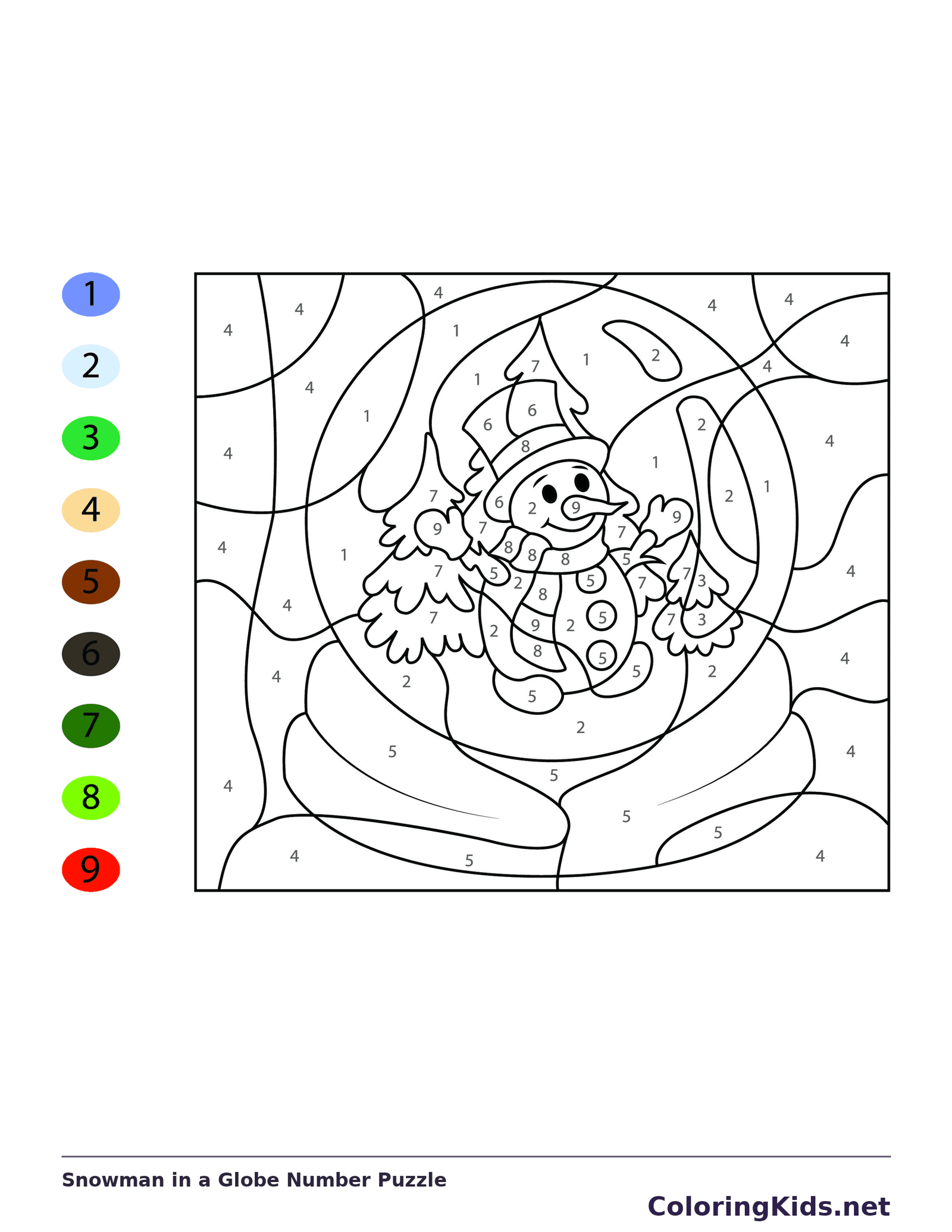 Black and white printable snowman in a globe number puzzle coloring sheet