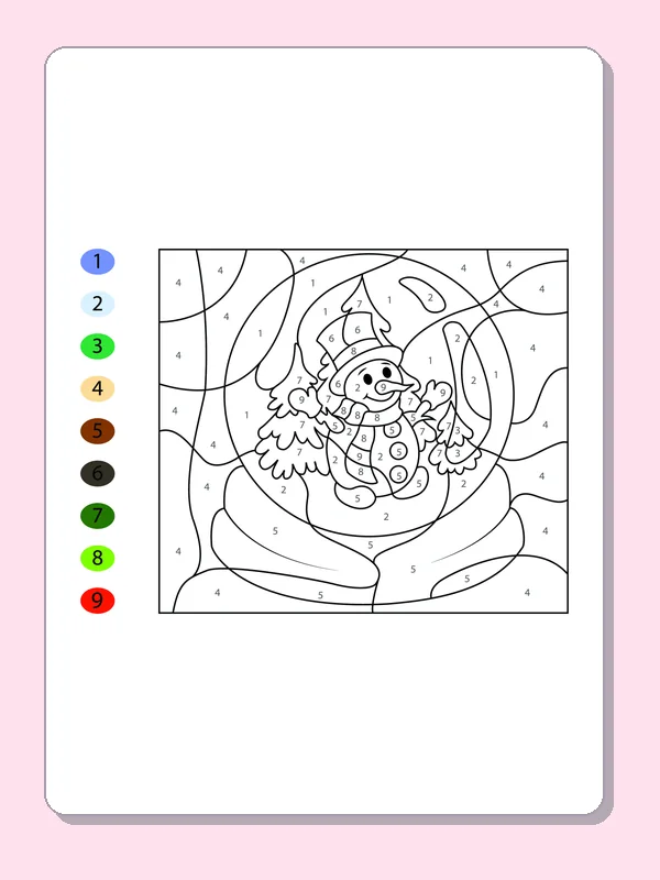 Black and white printable snowman in a globe number puzzle coloring sheet