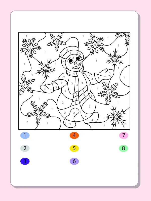 Black and white printable snowman with falling snow number puzzle coloring sheet