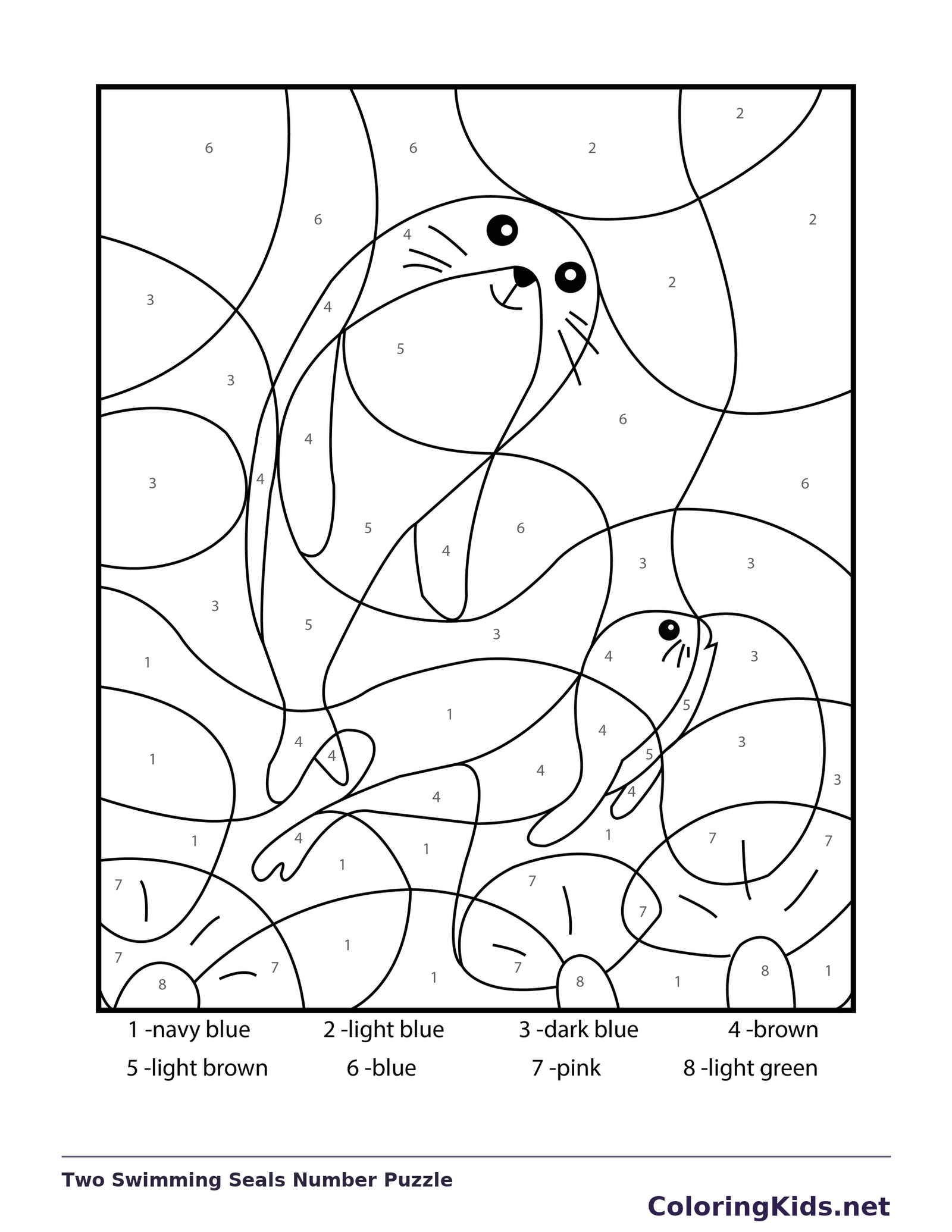 Printable color by number puzzle showing two swimming seals
