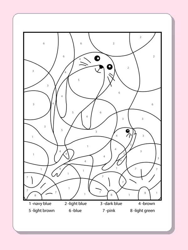 Printable color by number puzzle showing two swimming seals