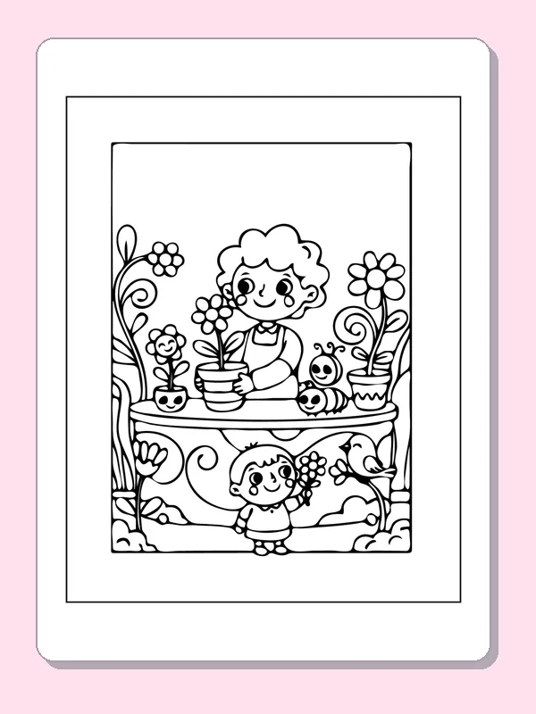 Black and white printable baker at a food table coloring sheet
