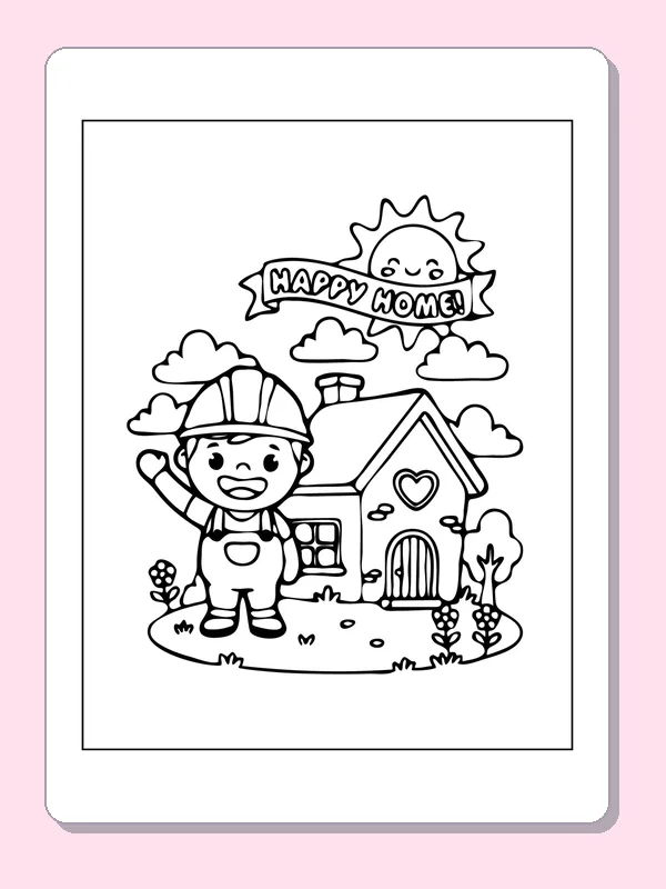 Black and white printable builder beside a little house coloring sheet