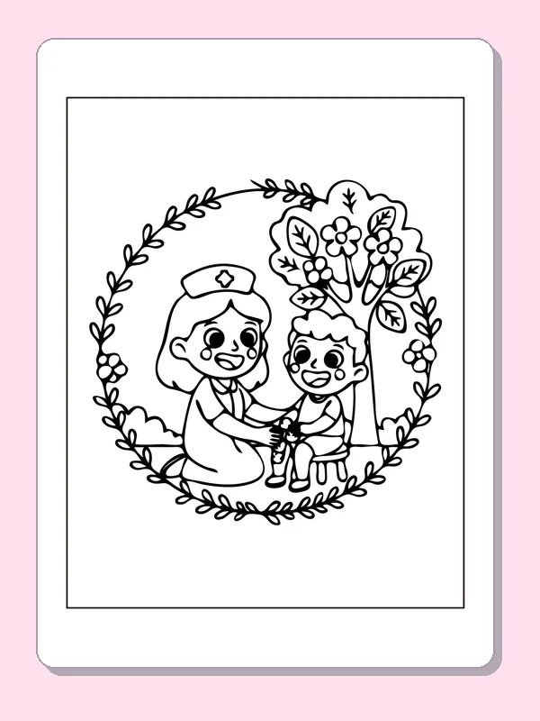 Black and white printable care worker helping a child outdoors coloring sheet