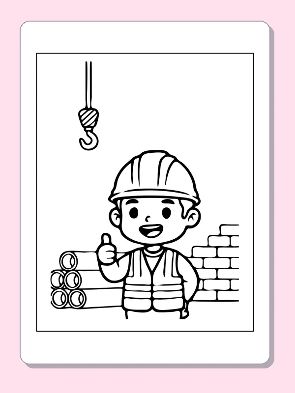 Black and white printable construction worker beside pipes and bricks coloring sheet