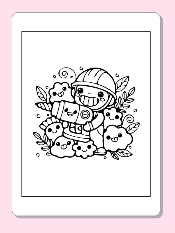 Black and white printable construction worker with a tool in foliage coloring sheet