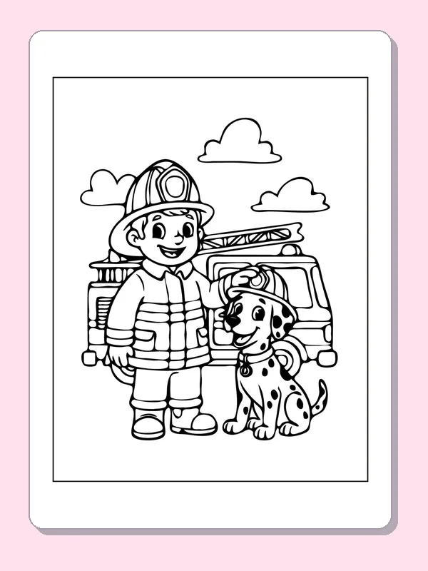 Black and white printable firefighter with a spotted dog and truck coloring sheet