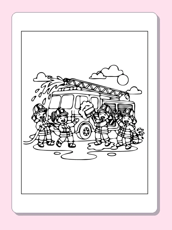 Black and white printable firefighters spraying water by a truck coloring sheet