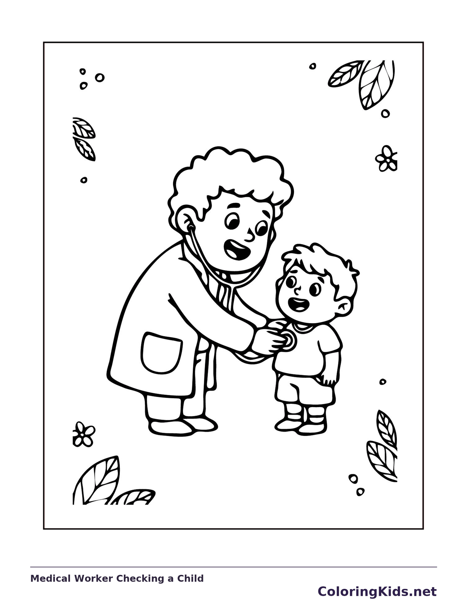 Black and white printable medical worker checking a child coloring sheet