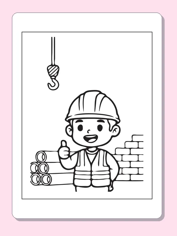 Black and white printable builder beside a brick wall coloring sheet