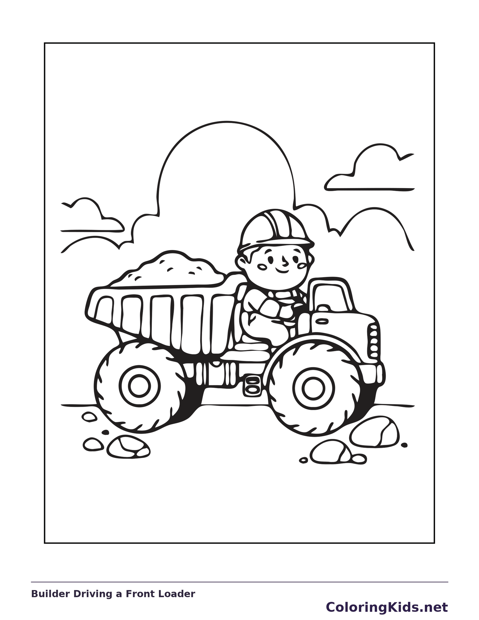 Black and white printable builder driving a front loader coloring sheet