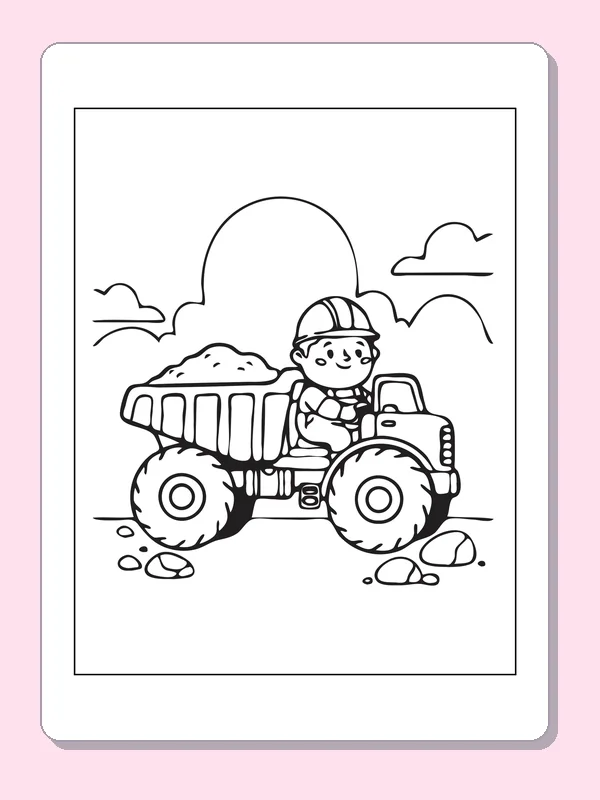Black and white printable builder driving a front loader coloring sheet