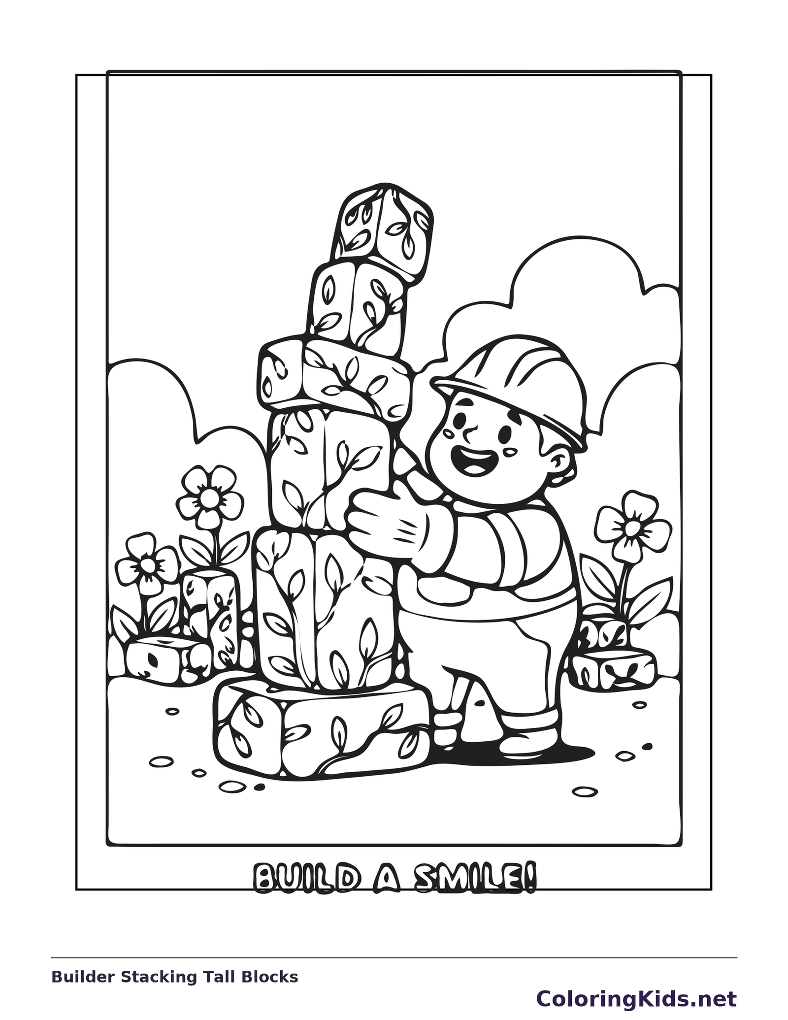 Black and white printable builder stacking tall blocks coloring sheet