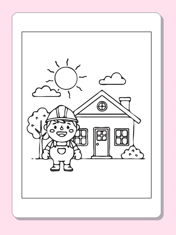 Black and white printable builder standing outside a house coloring sheet