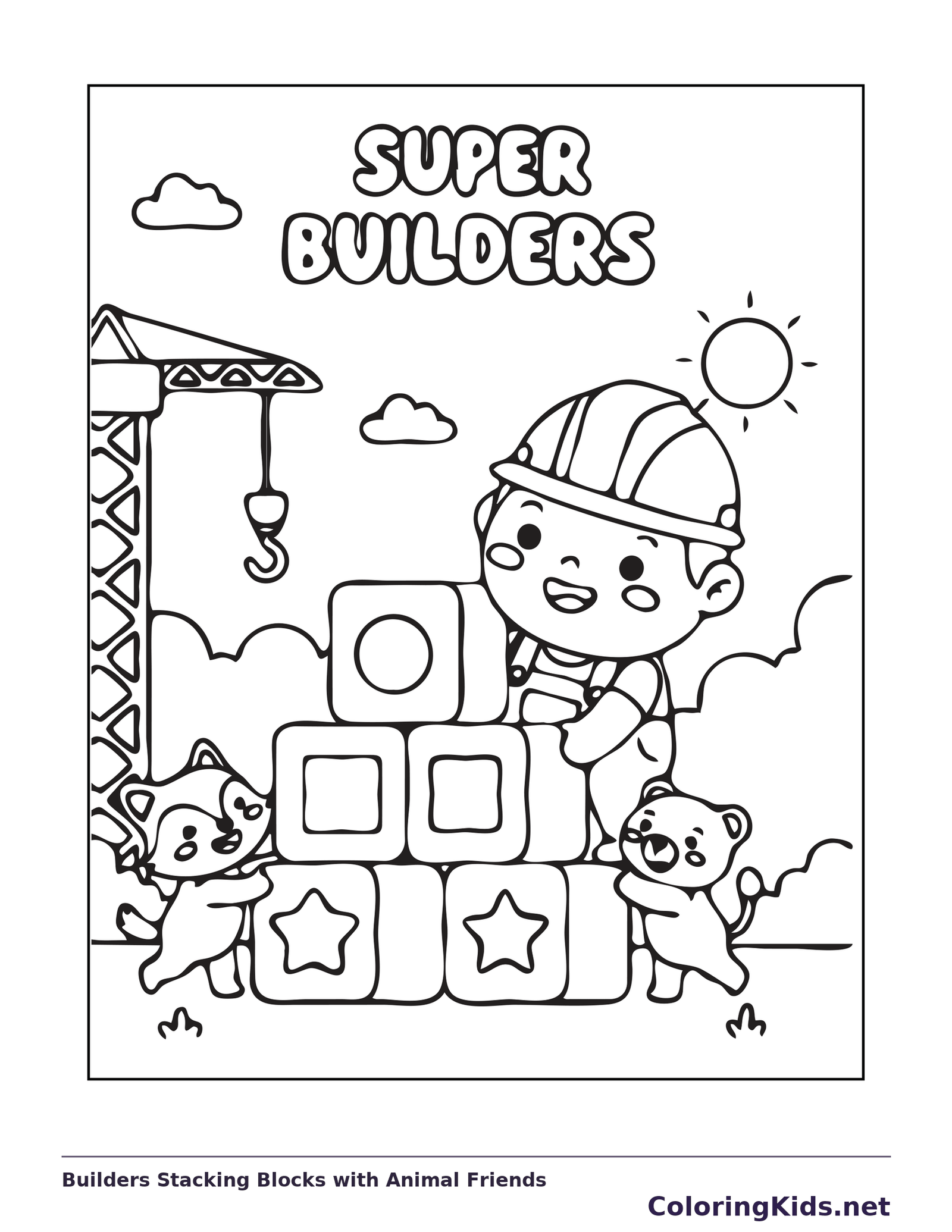 Black and white printable builders stacking blocks with animal friends coloring sheet