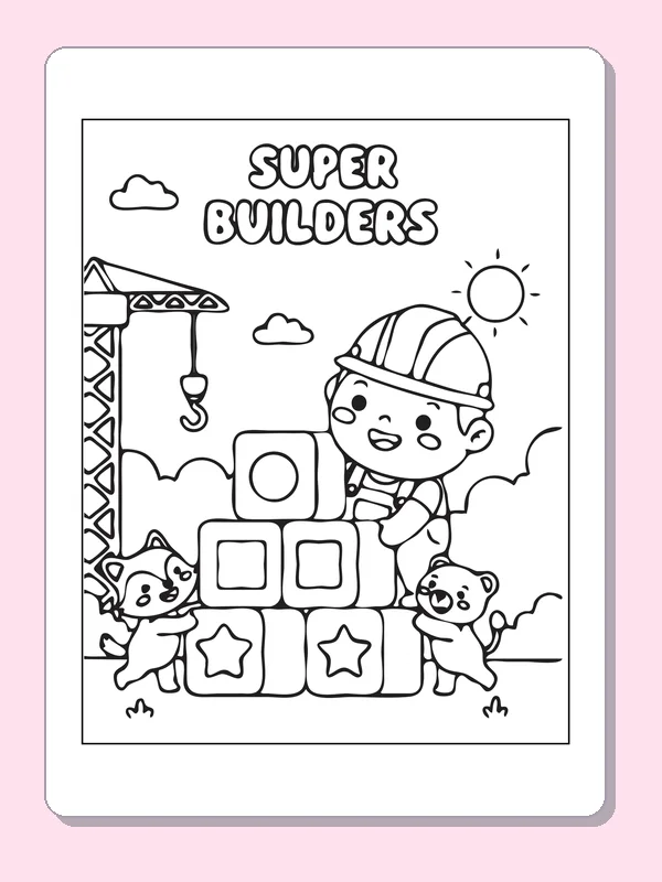 Black and white printable builders stacking blocks with animal friends coloring sheet