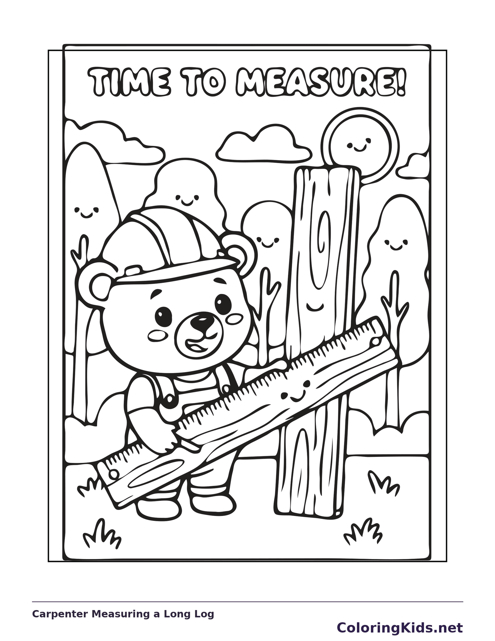 Black and white printable carpenter measuring a long log coloring sheet