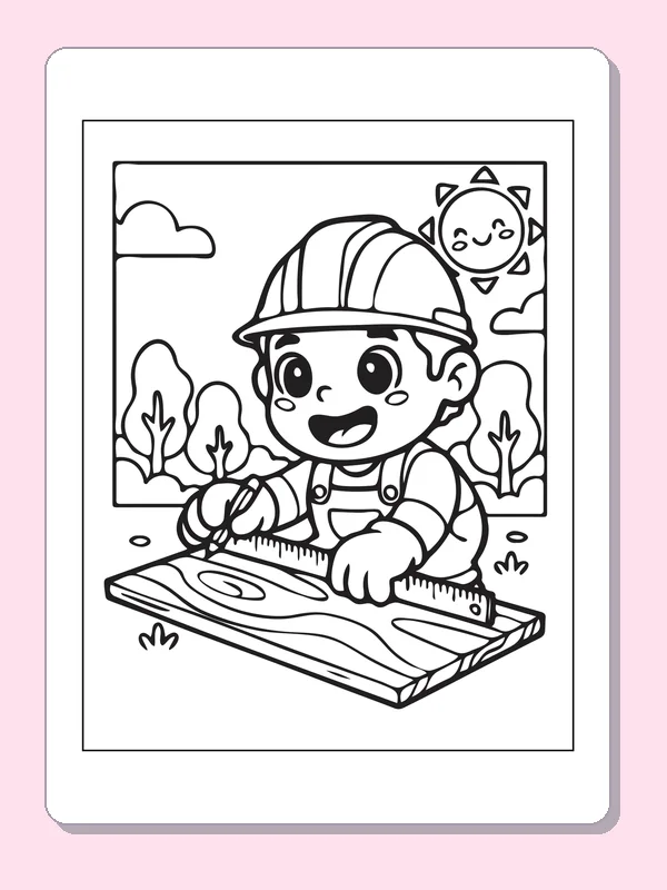 Black and white printable carpenter sawing a wooden board coloring sheet