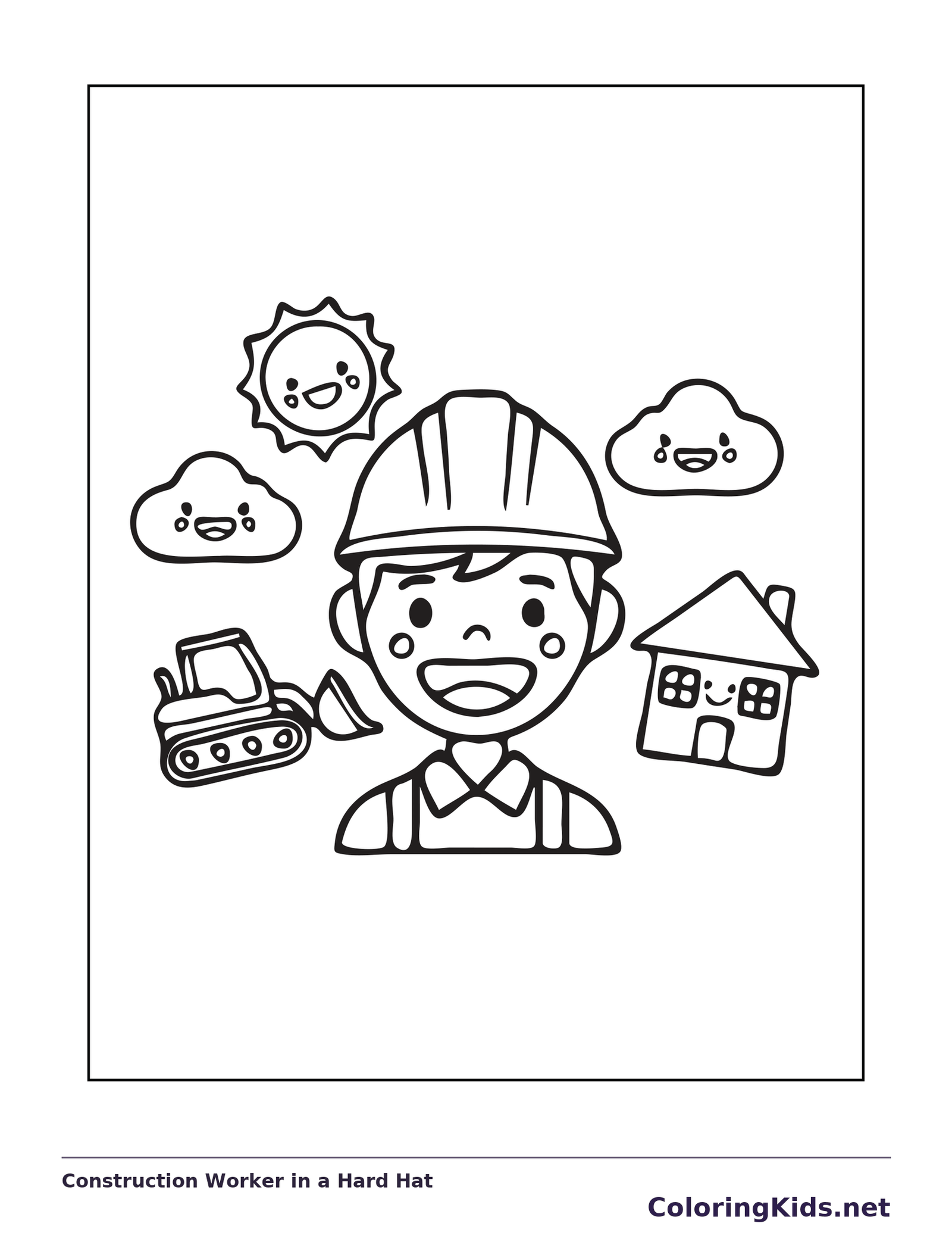 Black and white printable construction worker in a hard hat coloring sheet
