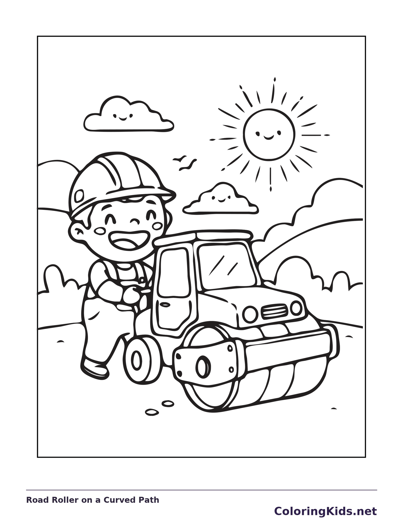 Black and white printable road roller on a curved path coloring sheet