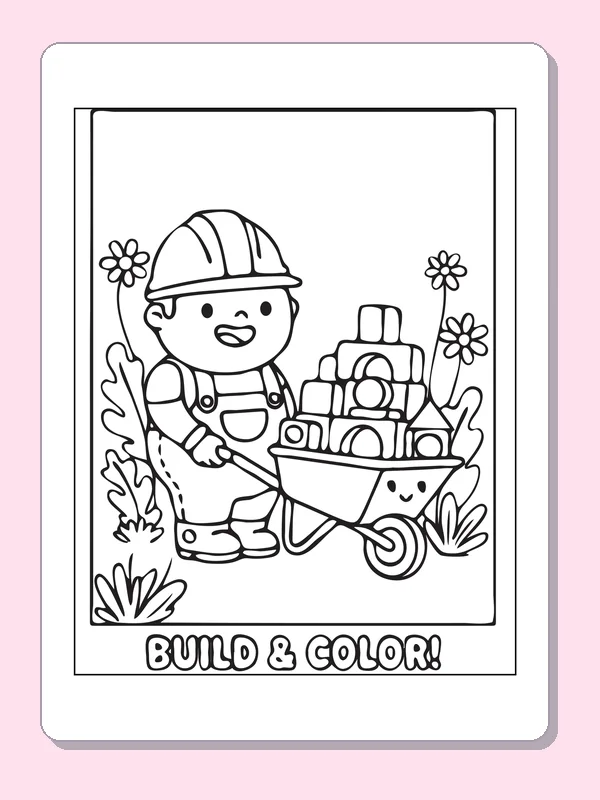 Black and white printable worker pushing a wheelbarrow of tools coloring sheet