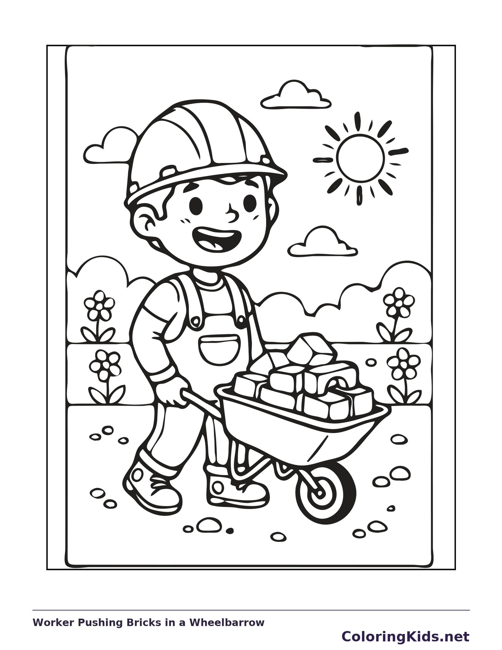 Black and white printable worker pushing bricks in a wheelbarrow coloring sheet
