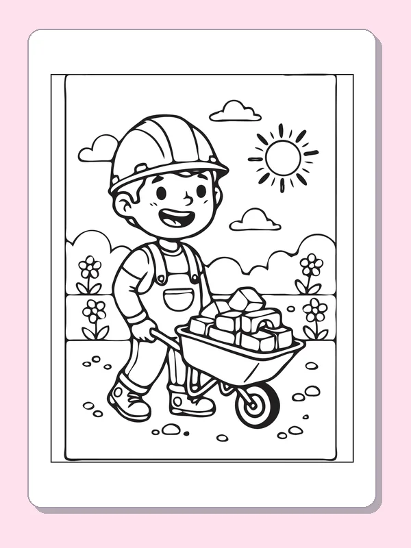 Black and white printable worker pushing bricks in a wheelbarrow coloring sheet