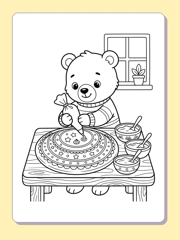 Black and white printable bear decorating a cookie coloring sheet