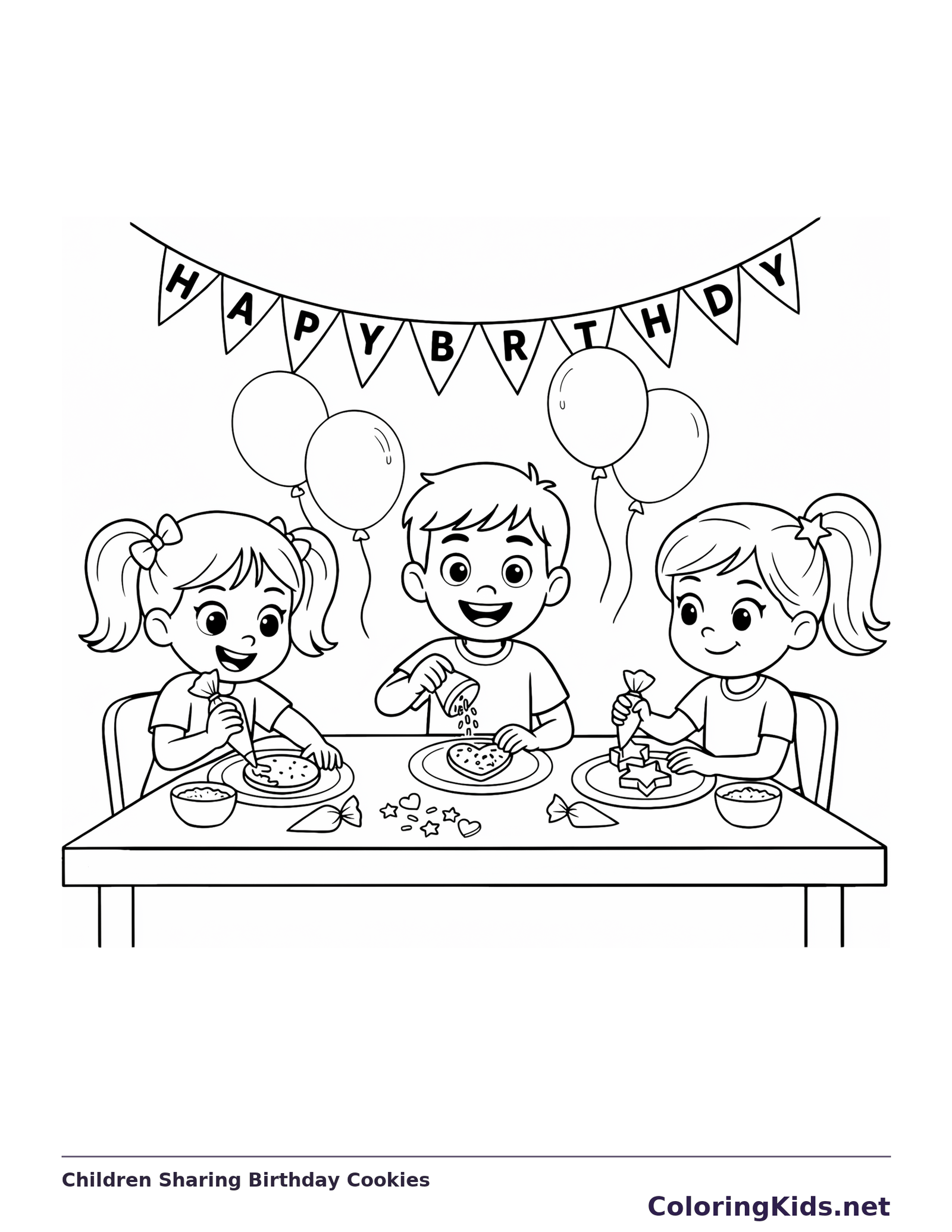 Black and white printable children sharing birthday cookies coloring sheet