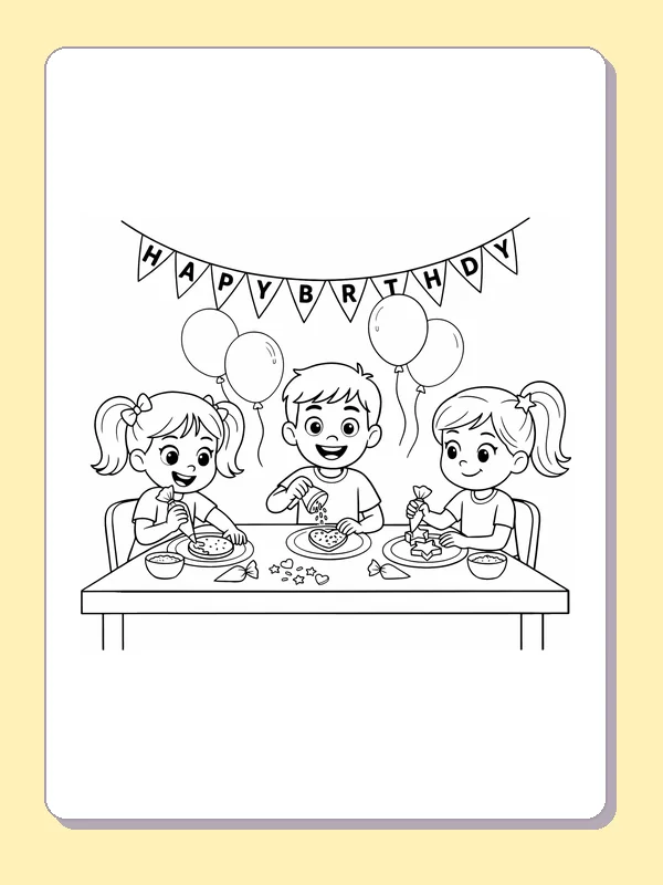 Black and white printable children sharing birthday cookies coloring sheet