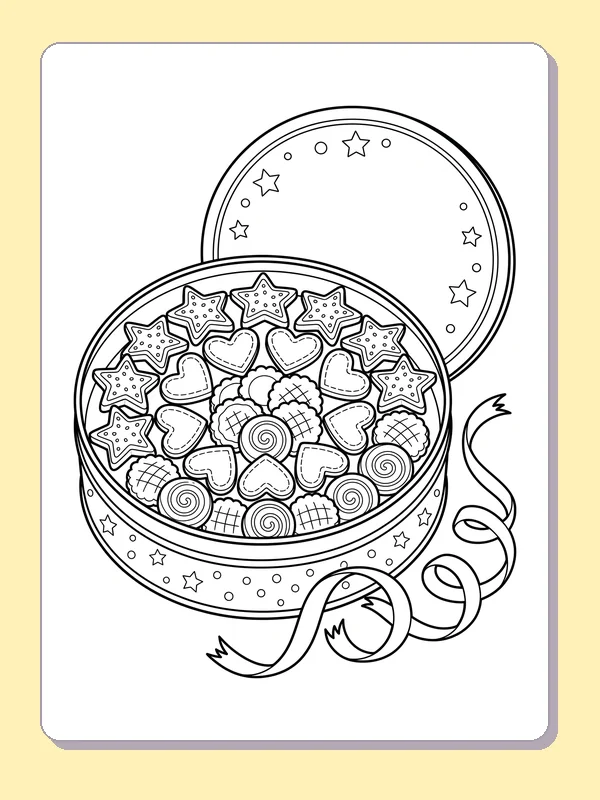 Black and white printable cookie gift tin coloring sheet