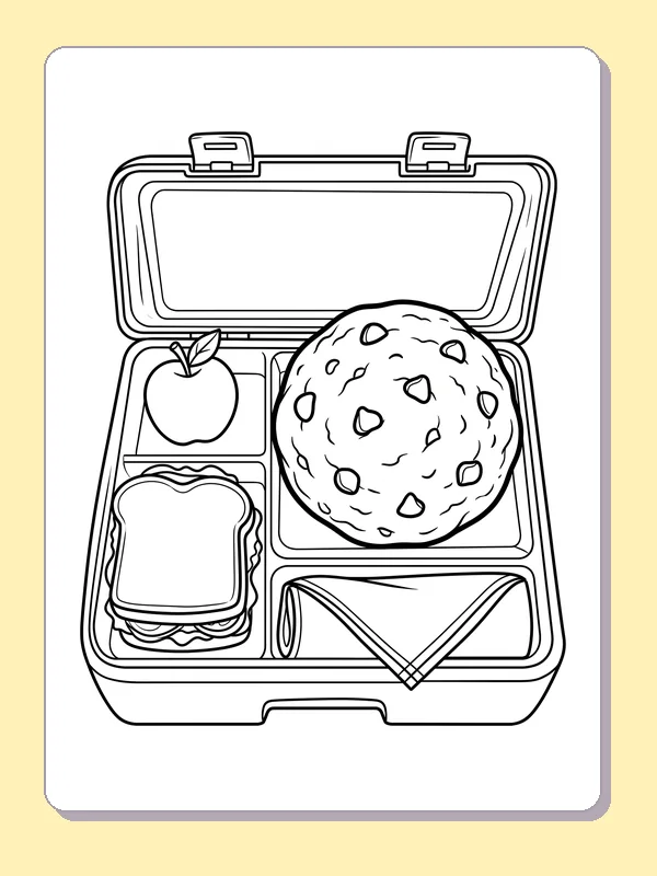 Black and white printable cookie in a lunchbox coloring sheet