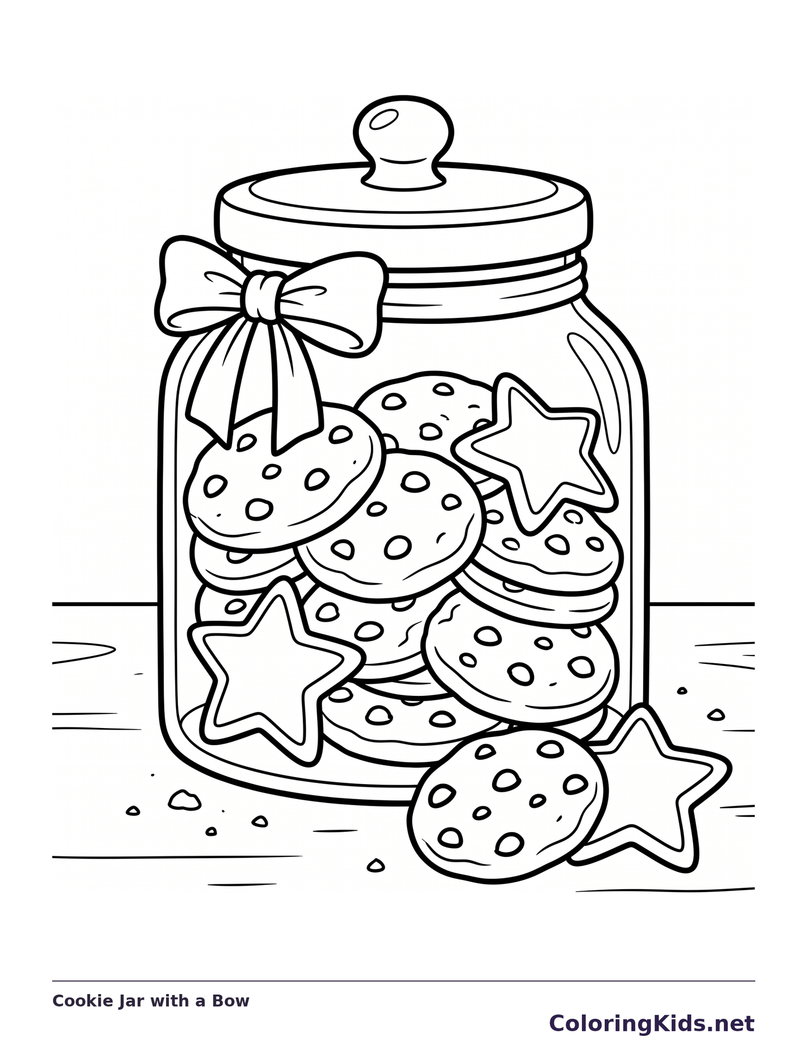 Black and white printable cookie jar with a bow coloring sheet