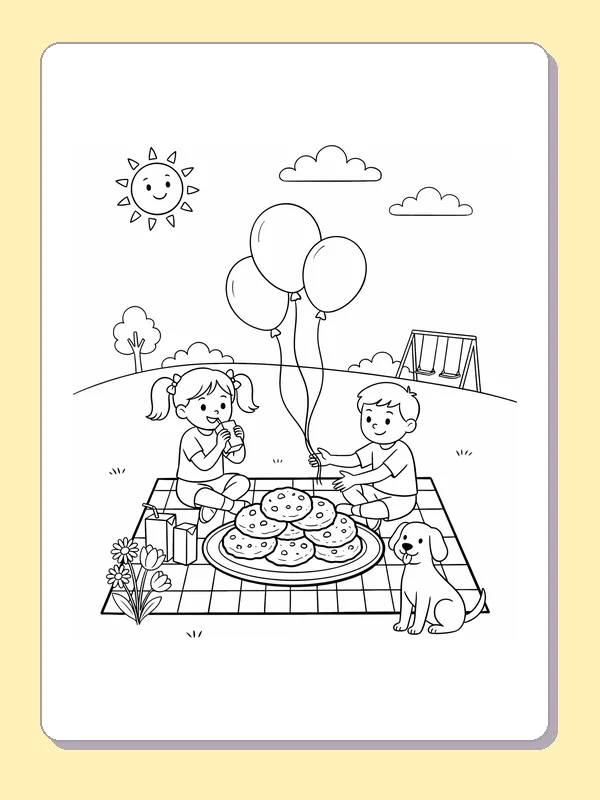 Black and white printable friends at an outdoor cookie picnic coloring sheet