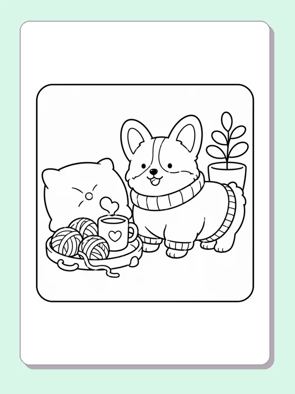 Standing corgi in a sweater beside yarn balls, cushion, cup and potted plant
