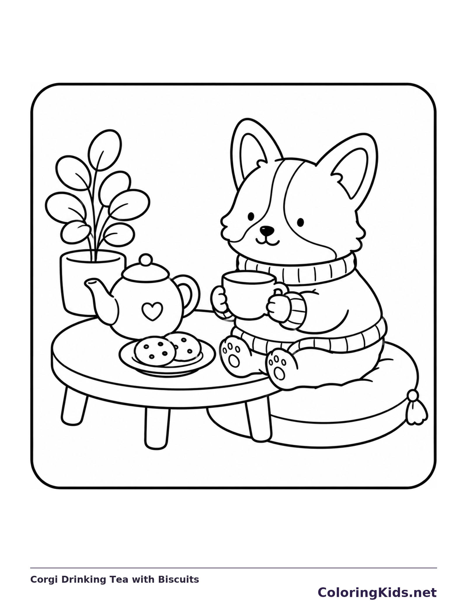 Seated corgi holding a cup by a low tea table with biscuits and a potted plant