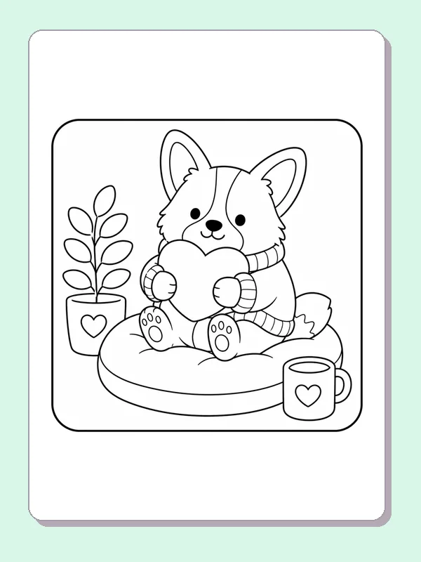 Corgi holding a large heart pillow on a round cushion beside a plant and cup