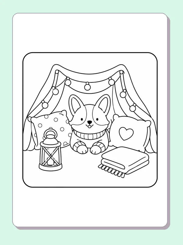 Corgi inside a cushion fort with string lights, lantern, heart pillow and folded blanket