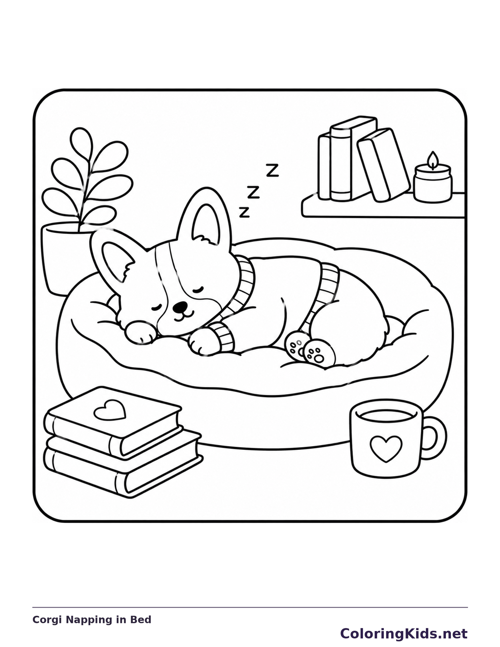 Sleeping corgi curled on a cushioned bed beside books, mug and leafy plant