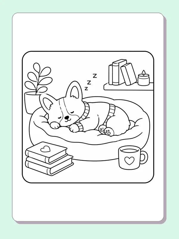 Sleeping corgi curled on a cushioned bed beside books, mug and leafy plant